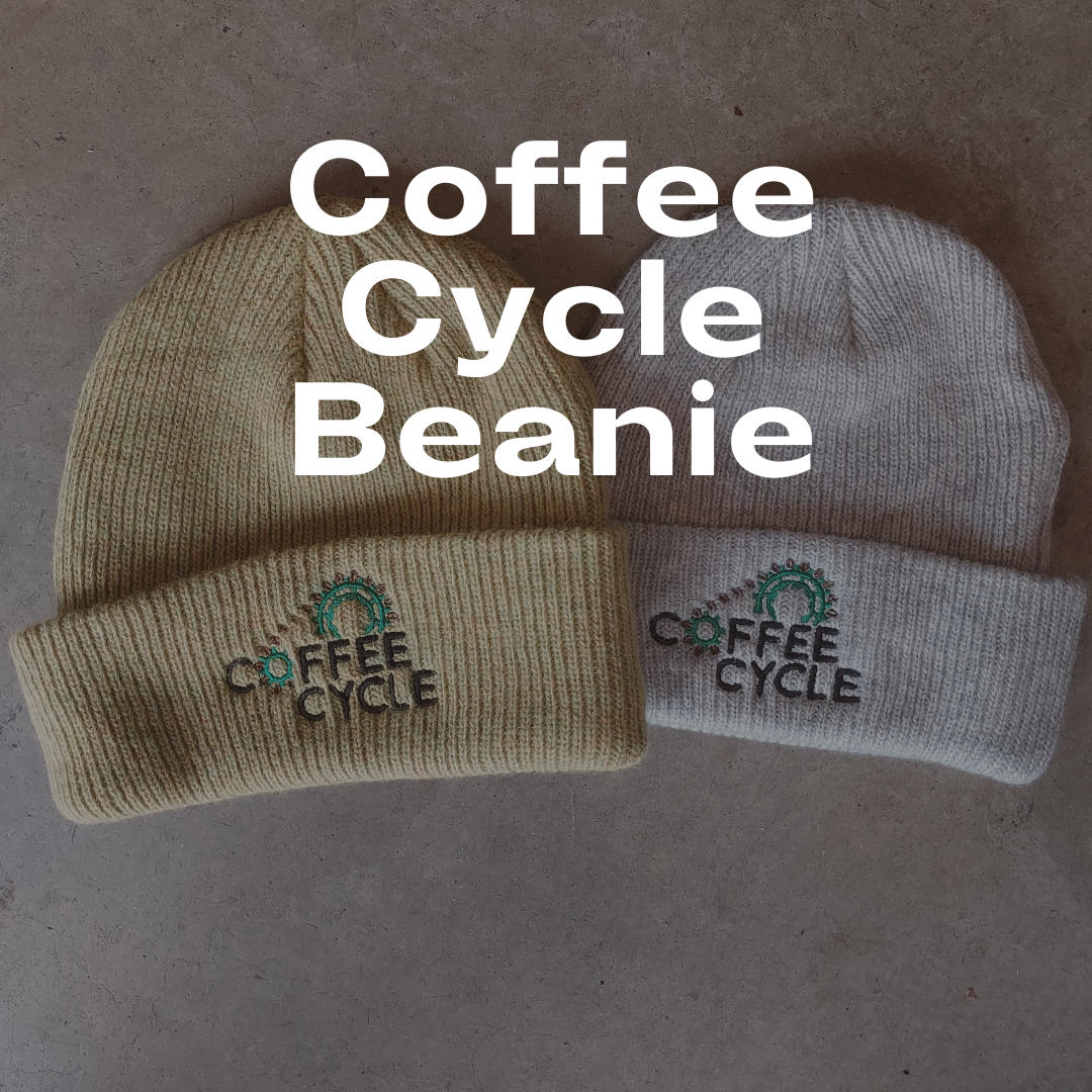 Merino wool beanies with the Coffee Cycle Logo embroidered in the front.